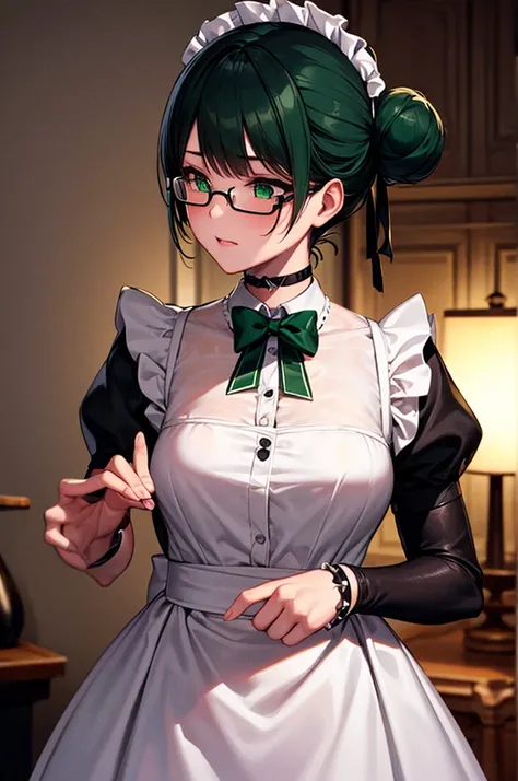 High resolution, Sharp focus, pixiv masterpiece, ((Intricate details)), Very detailed, Yuri Alpha, One girl, Black Hair, (Green wristband, Green Gauntlets, spike,:1.1) Glasses, Green Eyes, Maid, Single hair bun, dress, choker, bow tie, Maid apron, 