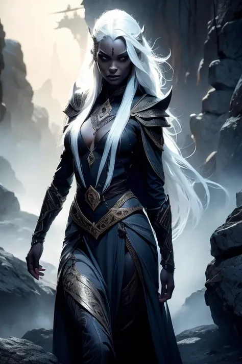 a beautiful dark elf woman, drow, with dark grey skin and long white hair, intricate detailed facial features, porcelain skin, s...