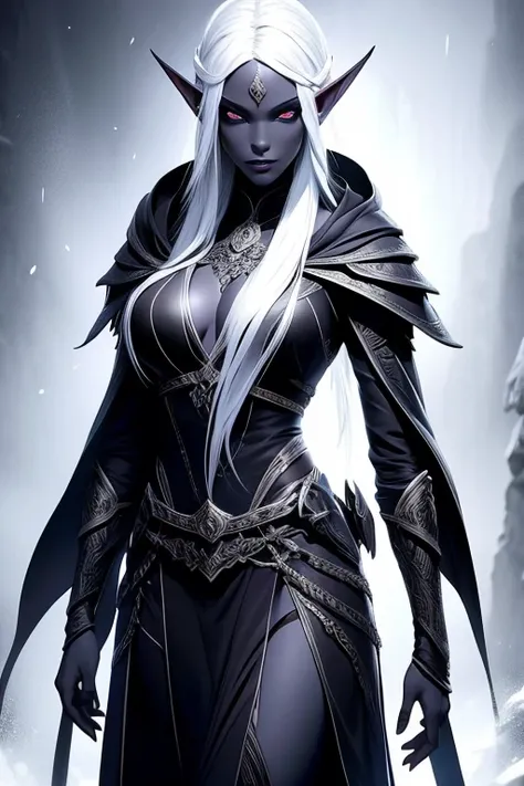 A beautiful dark elf woman, drow, with dark grey skin and long white hair, intricate detailed facial features, porcelain skin, striking eyes, full lips, slender figure, ranger clothes, bow and arrows, dramatic lighting, dramatic fantasy scene, dark moody a...