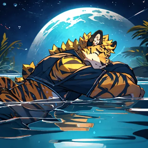 sci-fi style，virtual wind，aesthetic，night，juvenile，golden fur，blonde hair，leopard，with eyes closed，sleep，lying on the water，wear...