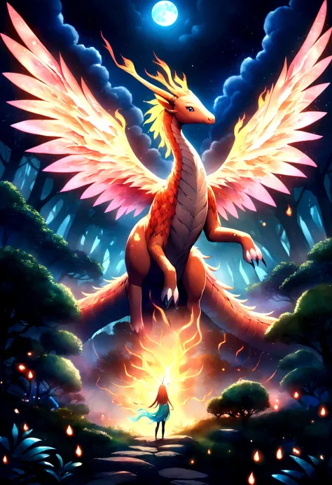 enchanted forest at night, bright full moon illuminating, twinkling stars, majestic creature in the center, fusion between a dragon and a phoenix, excamas iridescentes, Flaming wings illuminating the darkness, other fantastic creatures around, unicorns, gr...