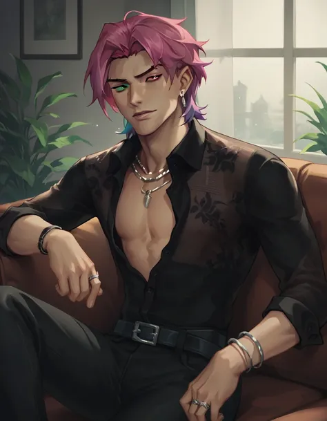 score_9, score_8_up, score_7_up, hs kayn, solo, looking at viewer, shirt, 1boy, jewelry, sitting on sofa, upper body, pink hair,...