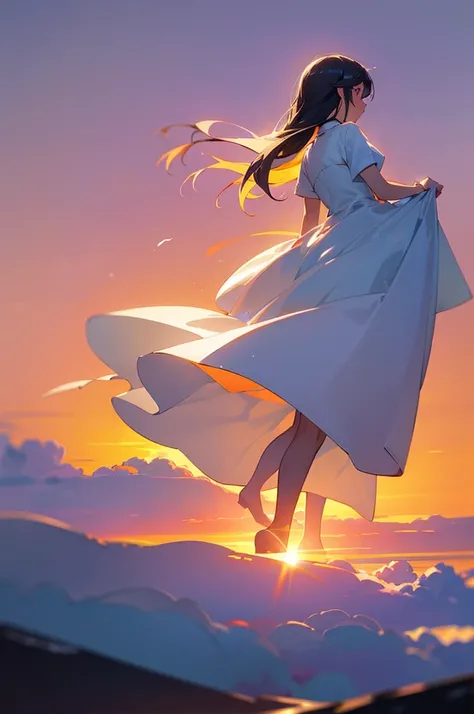 female、beautiful、White Dress、evening、Above the Clouds、Back view、Sunset、流れ星