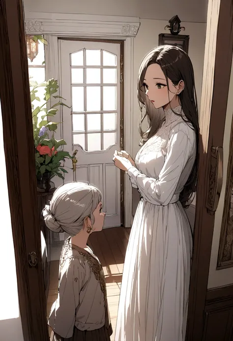 Entrance of the house、Beautiful mom in white shirt、A middle-aged woman who looks like an aunt、Super detailed、bright