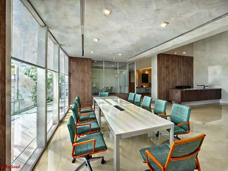 modern style meeting room design, daylight, ceramic tile floor, white walls, corrugated plastic walls, 1 glass wall frame 1.8, g...