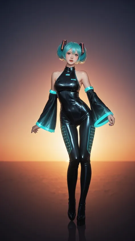 score_9, score_8_up, score_7_up, BREAK,
 In a futuristic sci-fi setting, behold the enchanting figure of a single girl, embodying the essence of Hatsune Miku. Her eyes glow with an otherworldly light, reflecting a fusion of technology and artistry. Draped ...