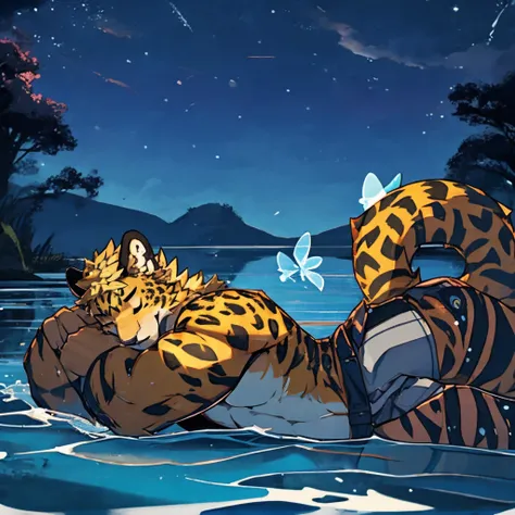 sci-fi style，virtual wind，aesthetic，night，juvenile，golden fur，blonde hair，leopard，with eyes closed，sleep，lying on the water，wear...