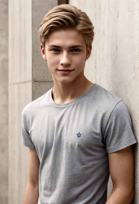 Portrait of a young man, blonde hair, 17 years old, blue eyes, gray t-shirt, jeans, 1boy, very handsome boy, attractive boy, harmonious body, symmetrical body, attractive man, handsome man, looking at the camera, evil smile, light brown hair, he is a moode...