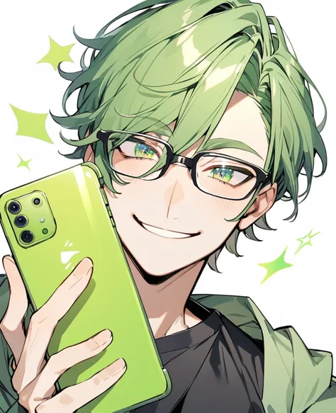 handsome, solo, 1 male, modern，Perfect face, extra detailed eyes，(green short hair)，(sparkling green eyes)，glasses， simple background，Smile, have a smart phone，Black T-shirt ，green jacket，wink，