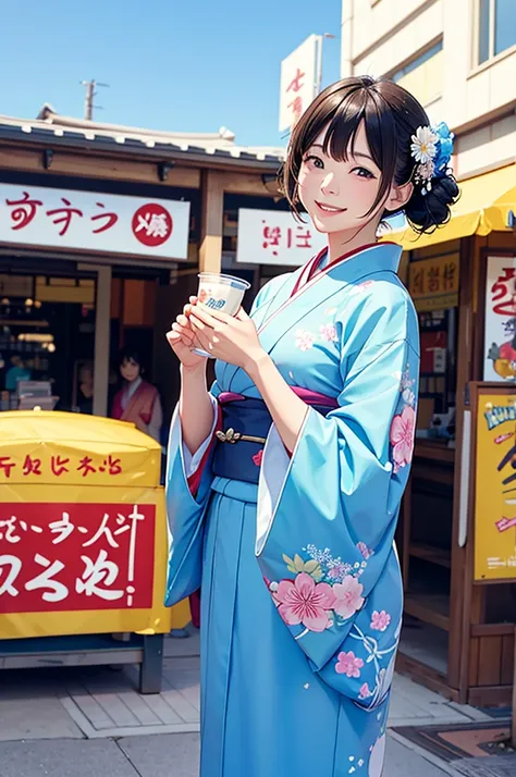 a beautiful smiling woman in a kimono greets people with a cheerful "good morning" as her arms open under the blue sky