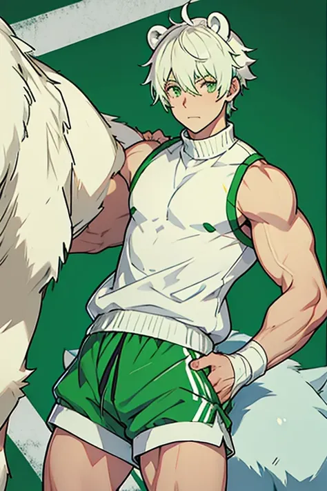 Young man short white hair with polar bear ears green eyes green sleeveless shirt green waist sweater white shorts bandaged hands