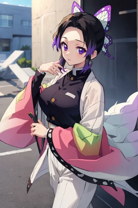 (masterpiece:1.3), (best quality:1.1), (8k, ultra detailed, ultra high res:1.2), ((anime style)), perfect 5 fingers, perfect anatomy, 
1girl,
Shinobu Kochou, 
BREAK long hair, 
black hair, hair intakes, gradient hair, 
purple eyes, bow in hair,
(large brea...