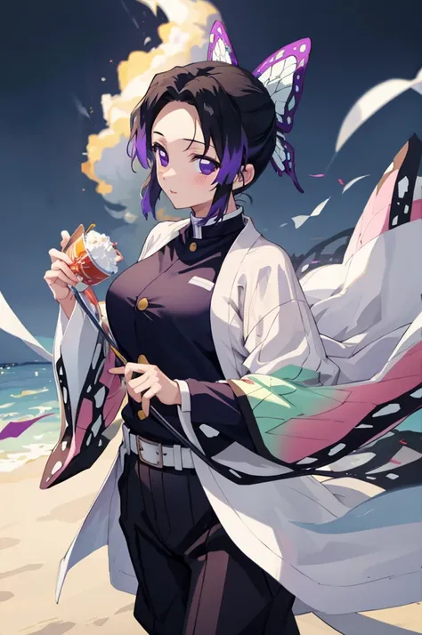 (masterpiece:1.3), (best quality:1.1), (8k, ultra detailed, ultra high res:1.2), ((anime style)), perfect 5 fingers, perfect anatomy, 
1girl,
Shinobu Kochou, 
BREAK long hair, 
black hair, hair intakes, gradient hair, 
purple eyes, bow in hair,
(large brea...