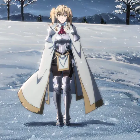 GoblinSlayer, NobleFencer, solo, girl1, looking at viewer, smile, long sleeves, brown eyes, long white cape, armor, shoulder armor, portrait, red ascot, snow, outdoor, full body view 