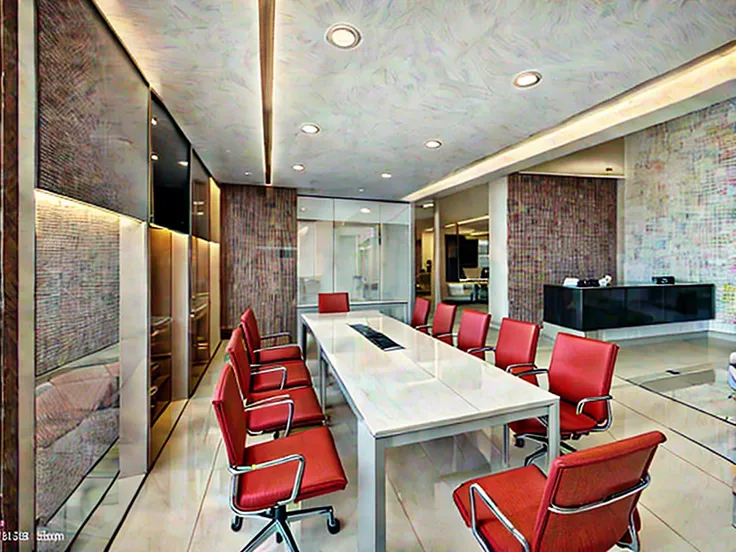 modern style meeting room design, daylight, ceramic tile floor, white walls 1.2, corrugated plastic walls, 1 glass wall frame 1....