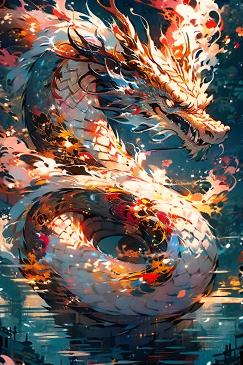 Tattoo design, Japanese Traditional tattoo design, Fire dragon upstream with fire splash effect, (Unity 16K Wallpaper, masterpiece, Best Quality, high quality, Ultra-detailed, extremely details CG, Caustics, Cinematic lighting, Detailed, Ultra High Resolut...