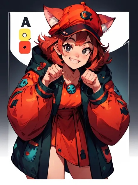 score_9, score_8_up, score_7_up, cat girl, big coat, black eyes, red hair, hat, leaning forward, cute pose, small breasts, thick thighs, smile, looking at viewer, cute, simple black background, dynamic pose, sexy, reference sheet, 
 CharacterDesignXL 