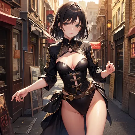 (masterpiece:1.2), highest quality, High resolution, black hair, Perfect lighting, Highly detailed CG, (Perfect hands, Perfect Anatomy), steampunk, teenage girl, downtown