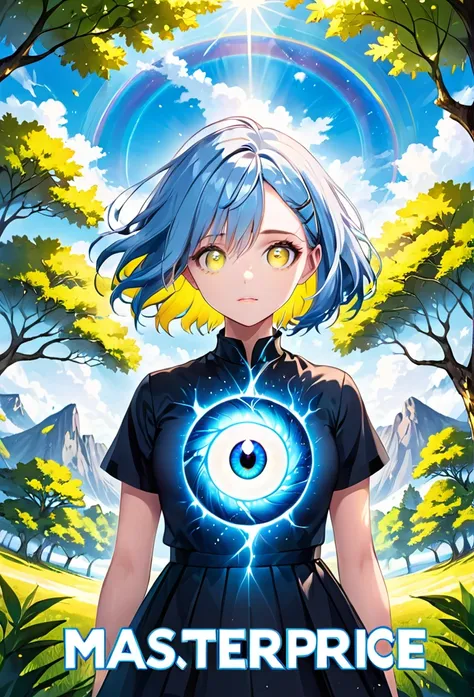 "((highest quality)), ((masterpiece, best quality:1.2)), character with heterochromia, blue and light blue eye, blue hair with yellow highlights, tree in the center of the image, title &#39;Equestria Girls: The Legacy Volume 1&#39;, anime styling, manga co...