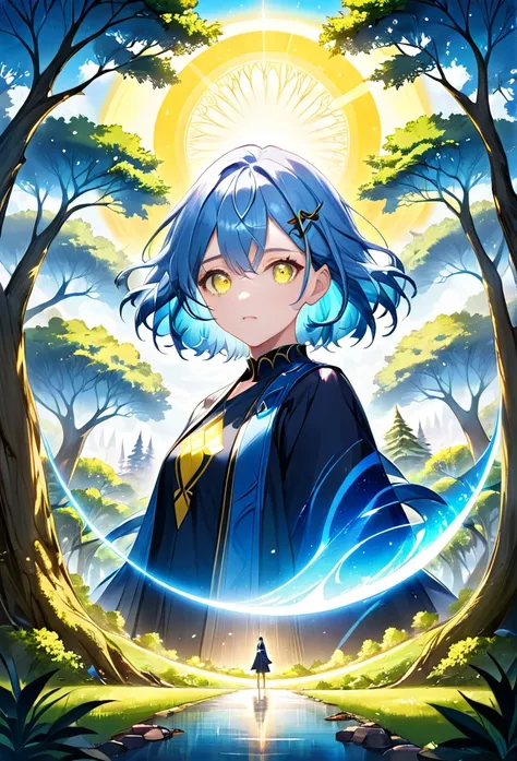 "((highest quality)), ((masterpiece, best quality:1.2)), character with heterochromia, blue and light blue eye, blue hair with yellow highlights, tree in the center of the image, title &#39;Equestria Girls: The Legacy Volume 1&#39;, anime styling, manga co...