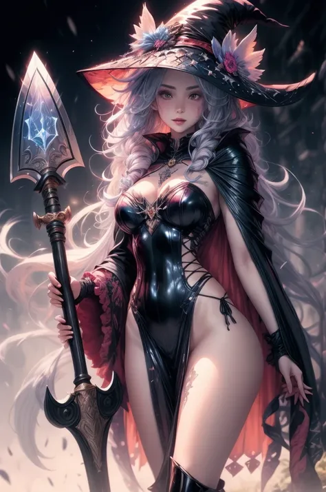 CLOSE UP OF A  woman in a witch costume holding a large axe, nude, big , fashionable dark witch, dark witch character, astral witch clothes, fantasy art style, dark witch, anime fantasy illustration, beautiful ancient frost witch, beautiful celestial mage,...