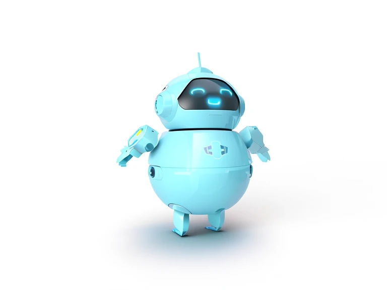 creates an image of this robot using an online portal with the phrase "ES Health Wiki" there is a blue robot that is standing with its eyes closed, adorable friendly robot, Cute robot, Cute humanoid robot, friendly robot, happy robot, round robot, beautifu...