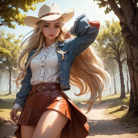 Imagine uma mulher jovem com olhos azuis penetrantes, ((corpo inteiro, standingn, pose de top model, sensual, flowing long blonde hair, usando um batom e esmalte vermelho vibrante, combinados com um short de brim rasgado. Highlight it with boots and a Texa...