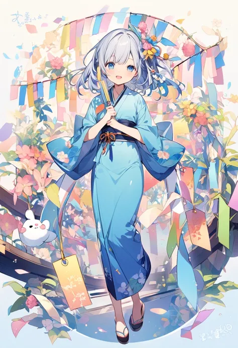 Tanabata Hikoboshi、Blue kimono full body、Cute