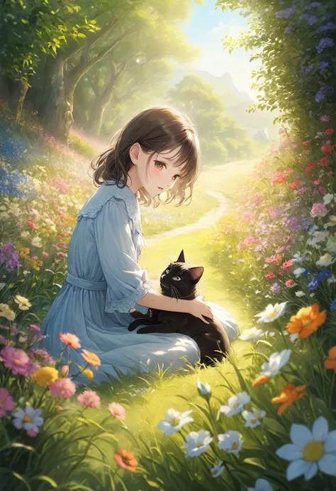 Catを連れた少女, a beautiful girl with a Cat, girl with a cute Cat, girl petting a Cat, girl in a flowery meadow with a Cat, girl in a dreamy landscape with a Cat, girl in a fantasy forest with a Cat, photoRealistic portrait of a girl and her Cat, 少女と彼女のCatの仲間を描...