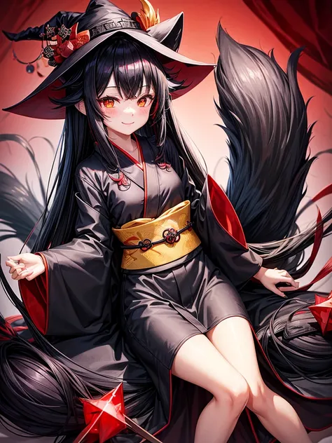 Black long hair girl cute blushing smile kawaii face wearing nekomata witch hat 2 nekomata cat tails black and red kimono have black staff with red crystal shards