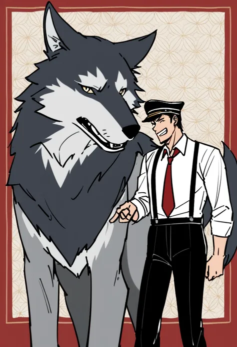 Tall, moderately muscular, wolf, gray fur, white shirt on wolf, red tie on wolf, suspenders on wolf, black trousers on wolf, happy, poking at a human man, short man, grumpy, annoyed, casual outfit on human, military cap, dark hair