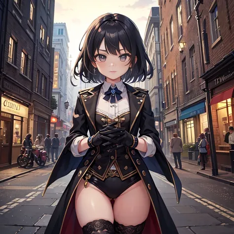 (masterpiece:1.2), highest quality, High resolution, black hair, Perfect lighting, Highly detailed CG, (Perfect hands, Perfect Anatomy), steampunk, teenage girl, downtown, 19th century, London, steam