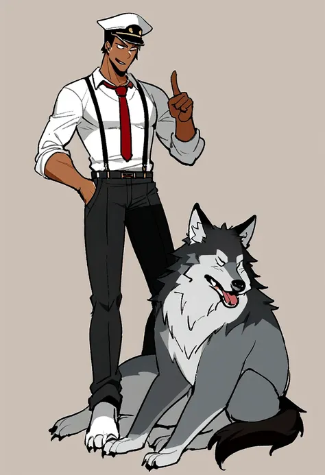 Tall, moderately muscular, wolf, anthro, gray fur, white shirt on wolf, red tie on wolf, suspenders on wolf, black trousers on wolf, happy, poking at a human man, short man, grumpy, annoyed, casual outfit on human, military cap, dark hair, human skinny