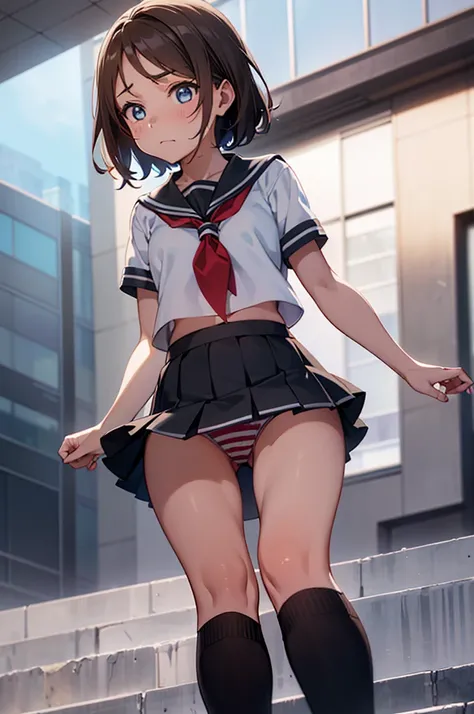 One girl,
(assist_Exposure:1.3),lift skirt
,Looking down at the viewer,{{{From below:1.2}}}, Very low angle shot, View From below},
Watanabe Yo, short hair, blue eyes, Brown Hair,
,break,
skirt, , Short sleeve, pleated skirt, Seraphim, socks, neckerchief, ...