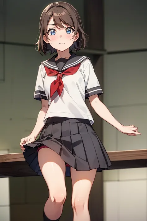 One girl,
(assist_Exposure:1.3),lift skirt
,Looking down at the viewer,{{{From below:1.2}}}, Very low angle shot, View From below},
Watanabe Yo, short hair, blue eyes, Brown Hair,
,break,
skirt, , Short sleeve, pleated skirt, Seraphim, socks, neckerchief, ...