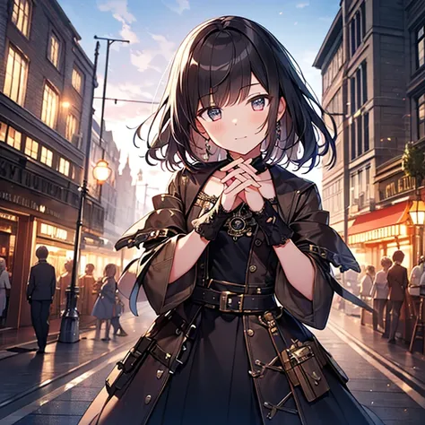 (masterpiece:1.2), highest quality, High resolution, black hair, Perfect lighting, Highly detailed CG, (Perfect hands, Perfect Anatomy), steampunk, teenage girl, downtown, 19th century, London, steam