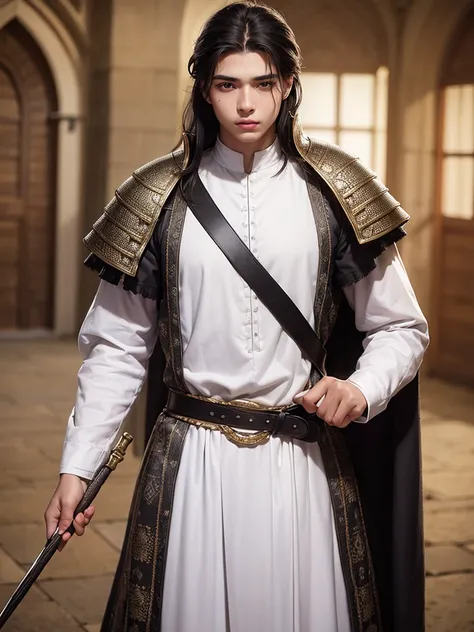 18 year old young man, medieval clothing, black hair, black eyes, white skin, realistic skin, standing pose, portrait, realistic skin, 4k, beatifull face, short and straight hair