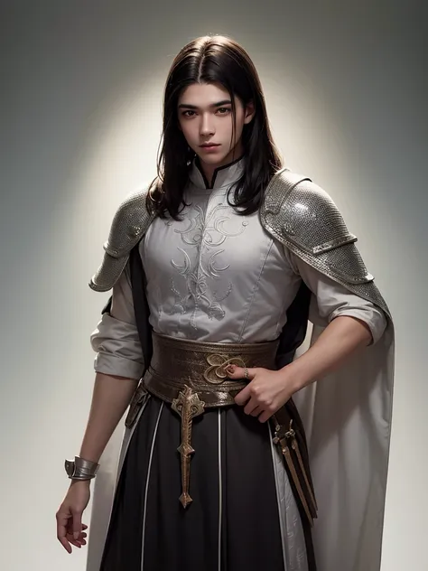 18 year old young man, medieval clothing, black hair, black eyes, white skin, realistic skin, standing pose, portrait, realistic skin, 4k, beatifull face, short and straight hair