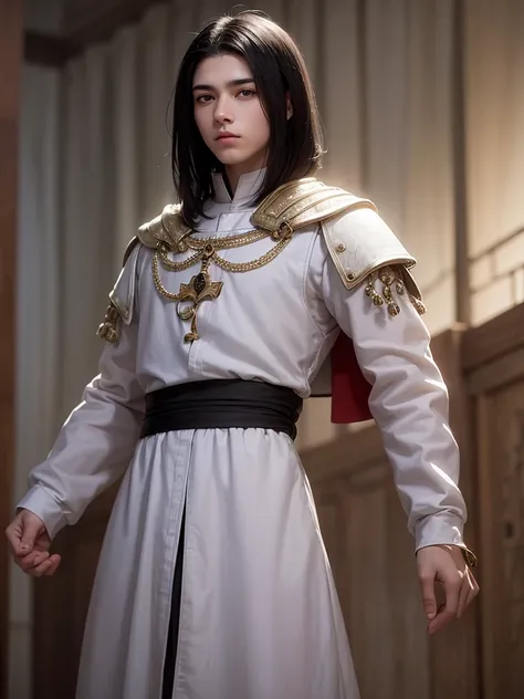 18 year old young man, medieval clothing, black hair, black eyes, white skin, realistic skin, standing pose, portrait, realistic skin, 4k, beatifull face, short and straight hair