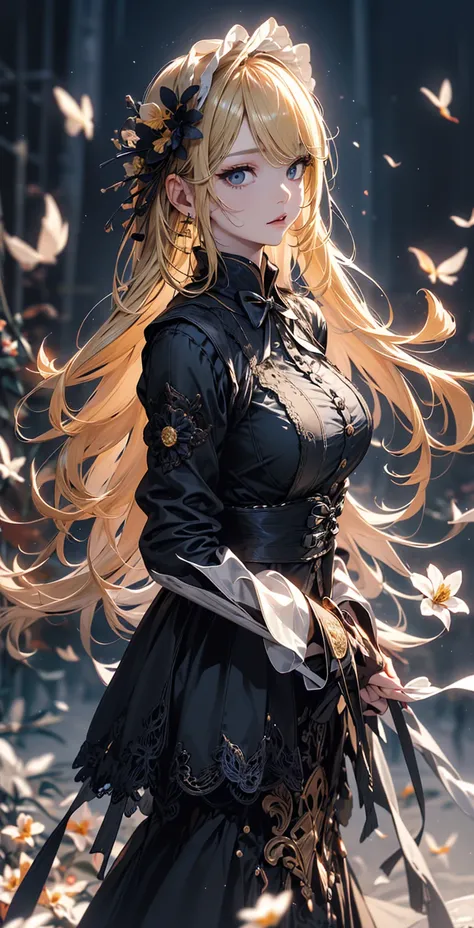 masterpiece, high quality, 4K, Beautiful design, silhouette，blonde， 非常に詳細な夜のStarry Sky,Flower Field， wonderful, Finer details,  Very knowledgeable woman, Highly detailed solo, 1 female,Big Breasts，Gothic Lolita Fashion，Random Pause，Night view，Starry Sky，fu...