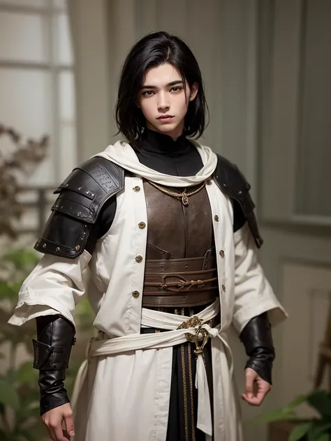 18 year old young man, medieval clothing, old clothes. black hair, black eyes, white skin, realistic skin, standing pose, portrait, realistic skin, 4k, beatifull face, short and straight hair