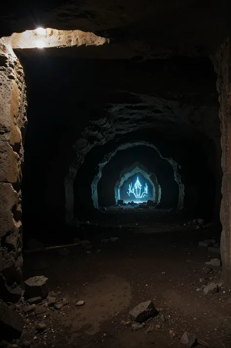 A huge, terrifying, abandoned cave for learning magic that contains strange writing symbols on the walls, very realistic and of high quality