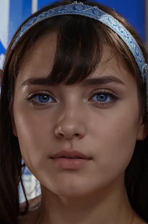 fille brune russe aux yeux bleu, nue dans une ferme