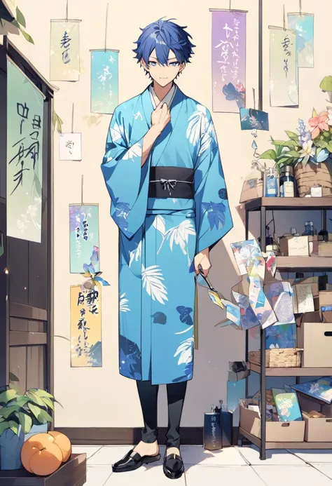 Tanabata Hikoboshi、Blue kimono full body、Please draw a cool guy