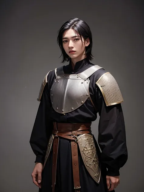 18 year old young man, medieval clothing, old clothes. black hair, black eyes, white skin, realistic skin, standing pose, portrait, realistic skin, 4k, beatifull face, short and straight hair