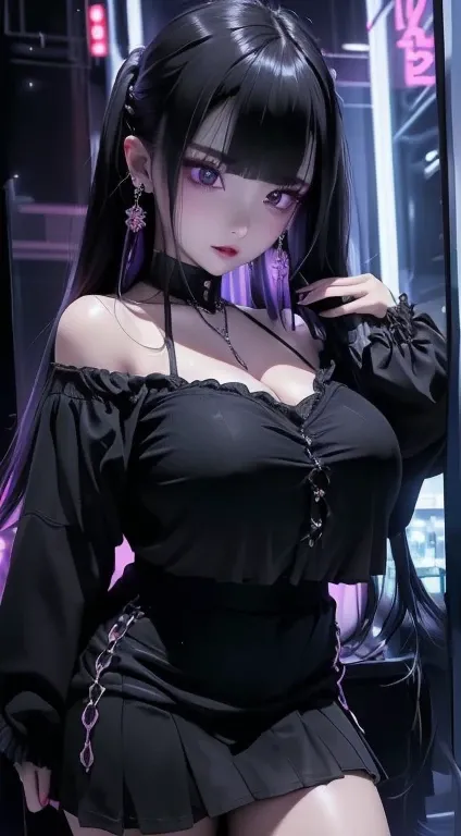 4K ultra - clear、best quality, masterpiece, Ultra-high resolution, (Reality: 1.4),  1 girl, Purple Eyes, Off-shoulder, light、purple and black hair、(My girl、My cosmetics)、(Ear piercing、(((Full and soft breasts,)))(((Huge breasts))) (((Cleavage))) (Perfect c...