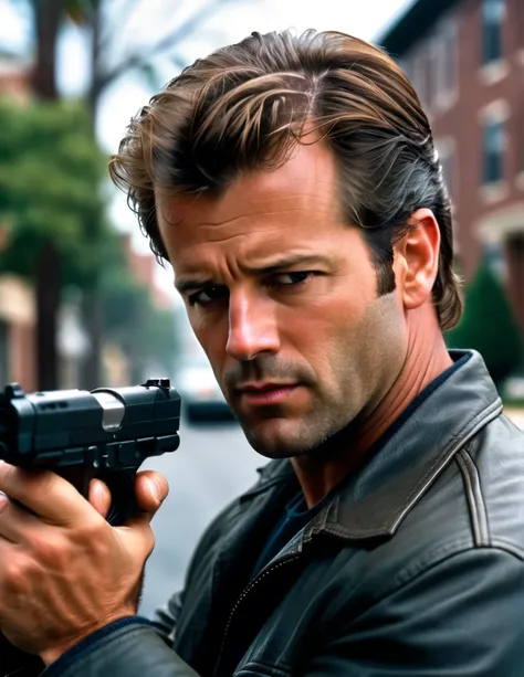 A 30 yo Daredevil Detective [Mel Gibson:Bruce Willis:0.5] Riggs, is scrutinizing his neighborhood, cinematic, professional movie scene, ultra sharp focus, shallow depth of field