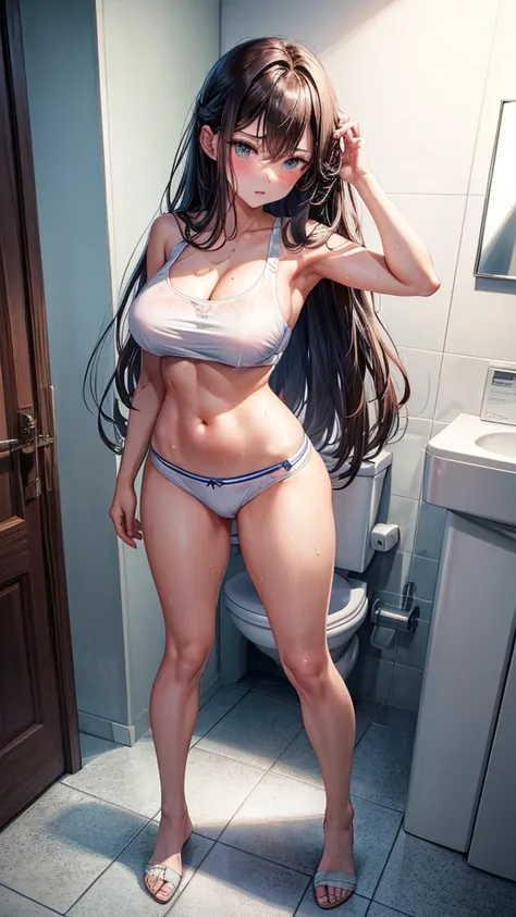 A Beautiful girl, in underwear, big chest, hot expression, clear face, full body, long hair, so tired with many sweat, in a toilet