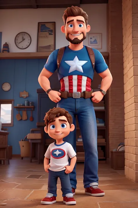 white man, 40 years old, with goatee, short brown messy hair, blue Captain America t-shirt, jeans, black old school sneakers, High definition, 3D Pixar Style, with shy smile