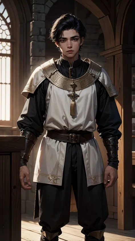 18 year old young man, medieval clothing, old clothes. black hair, black eyes, white skin, realistic skin, standing pose, portrait, realistic skin, 4k, beatifull face, short and straight hair